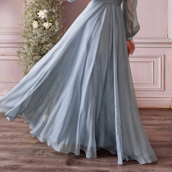 OFF WHITE WEDDING BRIDAL EVENING A-LINE CHIFFON LONG SLEEVE BRIDAL GOWN  CD0192 - Picture 7 of 9